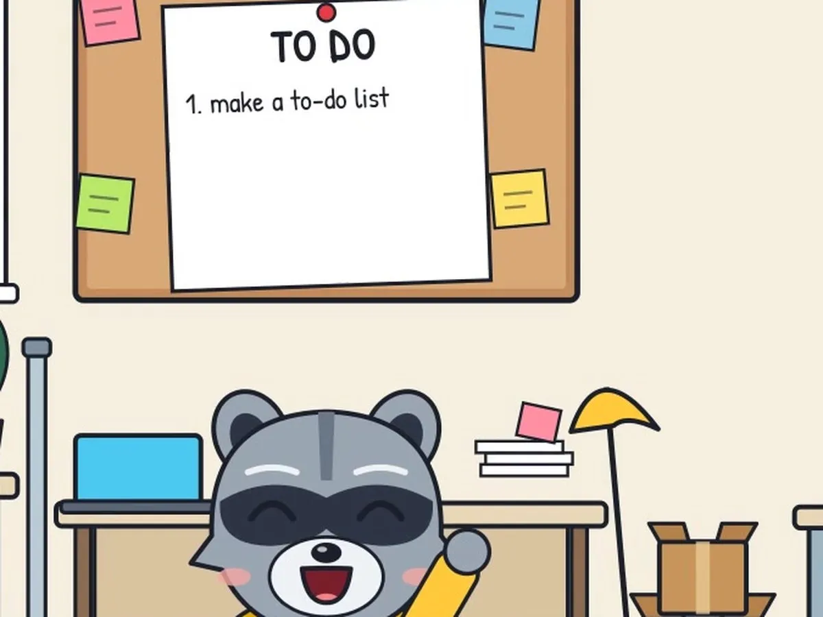Rory in front of a corkboard with a TO DO sheet and sticky notes, next to a desk with a laptop and a yellow umbrella.